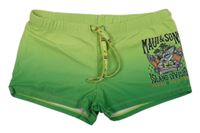 Zeleno-tmavozelené nohavičkové plavky se žralokem a nápisy