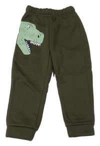 Tmavokhaki teplé tepláky s dinosaurem 