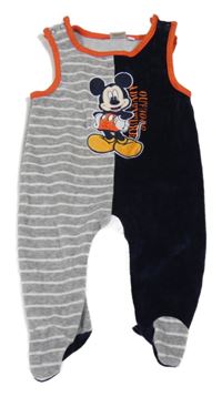 Šedo/melírovano-bílo-tmavomodro/oranžové sametové dupačky s Mickey a pruhmi Disney