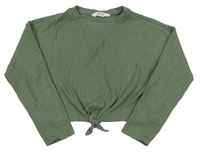 Khaki žebrované úpletové crop triko s uzlem H&M