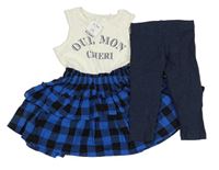 2set - Bílo-modro-černé šaty s kostkovanou sukní a nápisem + tmavomodré capri legíny Next