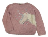 Staroružový chlpatý sveter s jednorožcom s flitrami Monsoon