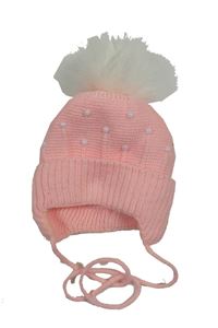 Ružová pletená čapica s perlami a brmbolcom