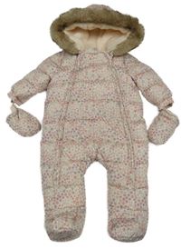 Béžová květovaná šusťáková zimní kombinéza s kapucí + rukavice F&F