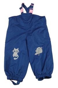 Tmavomodré šusťákové podšité laclové kalhoty s kočkou a ptáčkem Pocopiano