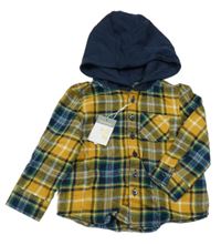 Nové - Medovo-tmavomodro-zelená kostkovaná košile s kapucí Primark