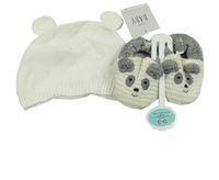 2set - Biela pletená čapica s oušky + smetanovo-sivé pletené cápačky s pandou vel. 16/17