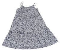 Bielo-tmavomodré bavlnené šaty s listami a zvířaty