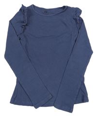 Tmavomodré žebrované triko s volánky H&M