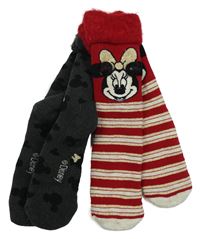 2x thermo ponožky - červeno-béžovo-zlaté pruhované s Minnie + tmavošedé s Mickeym