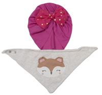 2set - Fuchsiová rebrovaná turbanová čapica s puntíkatou mašlí + béžový slinták s líškou