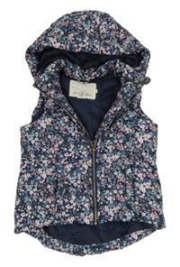 Tmavomodrá květovaná šusťáková zateplená vesta s kapucí H&M
