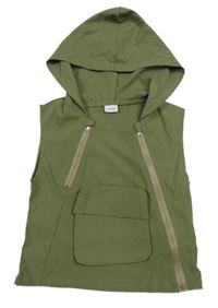 Khaki ľahká šušťáková vesta s vreckom a kapucňou