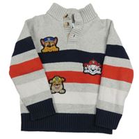 Sivo-tmavomodro-červený pruhovaný sveter s Tlapkovou patrolou Nickelodeon