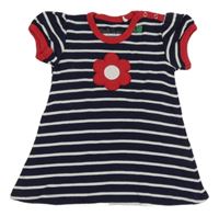 Tmavomodro-biele pruhované šaty s kvetinou