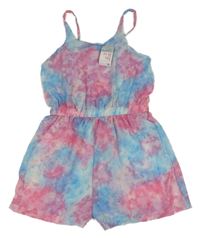 Nové - růžovo-modrý batikovaný lehký kraťasový overal Primark