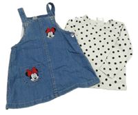2set - Modré riflové laclové šaty s Minnie + Bílo-černé puntíkaté triko H&M