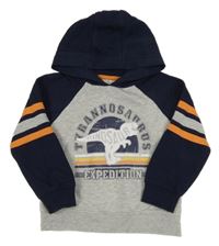 Tmavomodro-sivá mikina s dinem a nápismi a kapucňou Vertbaudet