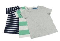 Nové - 3set - 3x tričko - Tmavomodro-bílé pruhované + želeno-bílé pruhované + světlešedé F&F