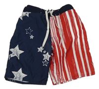 Modro-bielo-červené plážové kraťasy s pruhmi a hviezdami