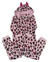 Růžovo-černá plyšová kombinéza s leopardím vzorem a kapucí 