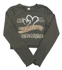 Antracitové crop tričko s pruhmi a srdcem Shein