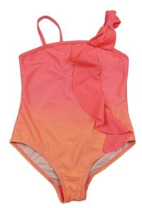 Neonově růžovo-oranžové ombré jednodílné plavky s volánky Matalan