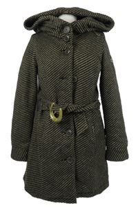 Dámský černo-béžový pruhovaný vlněný lehce zateplený kabát s páskem a kapucí Khujo 