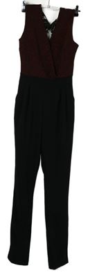 Dámský červeno-černý kalhotový společenský overal s krajkou