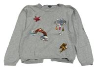 Svetlosivý sveter s obrázky z flitrů kiabi