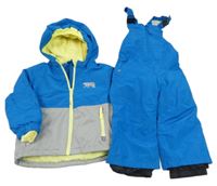 2set- modro-šedá šusťáková zimní bunda s medvědem a kapucí+ šusťákové laclové oteplovačky Lupilu