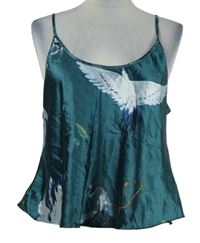 Dámsky tmavozelený saténový top s ptáky