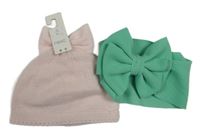 2set - Zelená čelenka s mašlí + světlerůžová čepice s mašlí - nová 