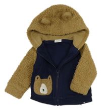 Tmavomodro-béžová teplákovo/huňatá bunda s medvedíkom a kapucňou Next