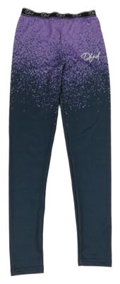 Fialovo-tmavošedé sportovní legíny s nápisy v pase