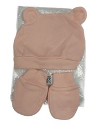 2set - Růžová bavlněná čepice s oušky + rukavičky