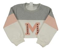 Šedo-bílo-růžová 3D vzorovaná crop mikina s písmenem