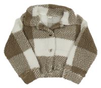 Hnedo-biela kockovaná huňatá bunda Shein