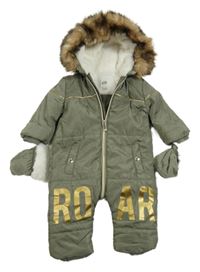 Khaki šušťáková zimná kombinéza s kapucí + rukavice River Island