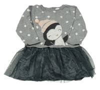 Šedé puntíkované svetrové šaty s tučňákem a tylovou sukní H&M