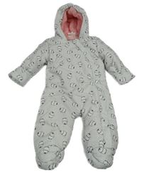 Šedo-bílá šusťáková zateplená kombinéza s tučňáky a kapucí Topomini