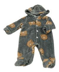 Sivá chlpatá kombinéza s medvedíkmi a kapucňou