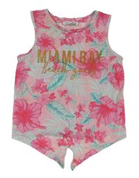 Světlerůžový crop top s kytičkami a lístečky a zlatými nápisy PRIMARK