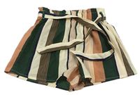 Smetanovo-smaragdovo-staroružové pruhované paper bag kraťasy s opaskom SHEIN