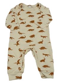 Smetanový žebrovaný overal s hnědými dinosaury 