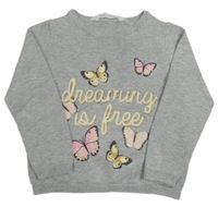 Sivý melírovaný sveter s motýlikmi a nápismi H&M