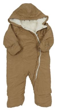 Hnedá šušťáková zimná kombinéza s medvedíkmi a kapucňou so cute