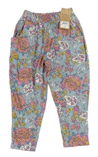 Nové - modrošedé melírované turecké teplákové kalhoty s kytičkami Next