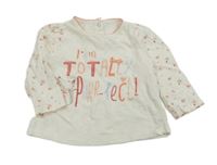 Smotanové melírované tričko s nápismi a mačičkou a kvietkami Matalan