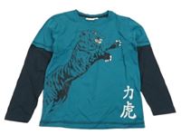 Modrozeleno-černé triko s tygrem Kids